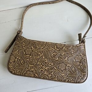 Western-style tooled leather baguette shoulder bag floral embossed
